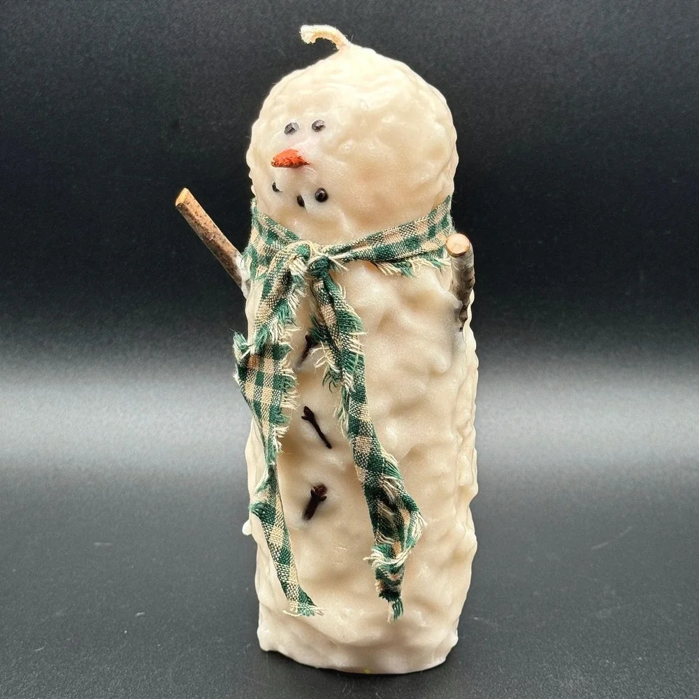 Rustic Snowman Pillar Candle Primitive Holiday Decor Plaid Scarf Stick Arms